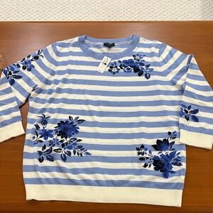 Talbots Light Blue and White Striped Sweater with Floral Design